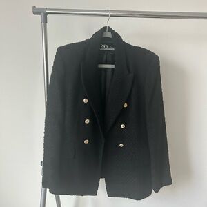 Zara Black Textured Blazer with Gold Buttons